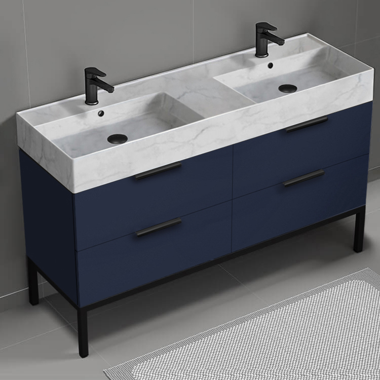 Nameeks DERIN463 Double Bathroom Vanity With Marble Design Sink, Floor Standing, 56 Inch, Night Blue